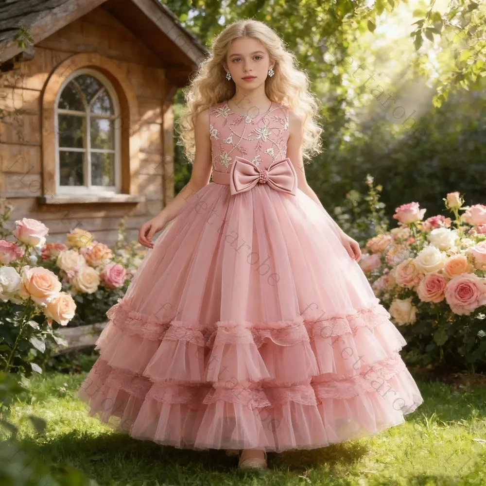 Customized Pink Embroidered Tulle Girls Dress 2026 Big Bow Tiered Princess Gown for Wedding Baptism First Communion Party