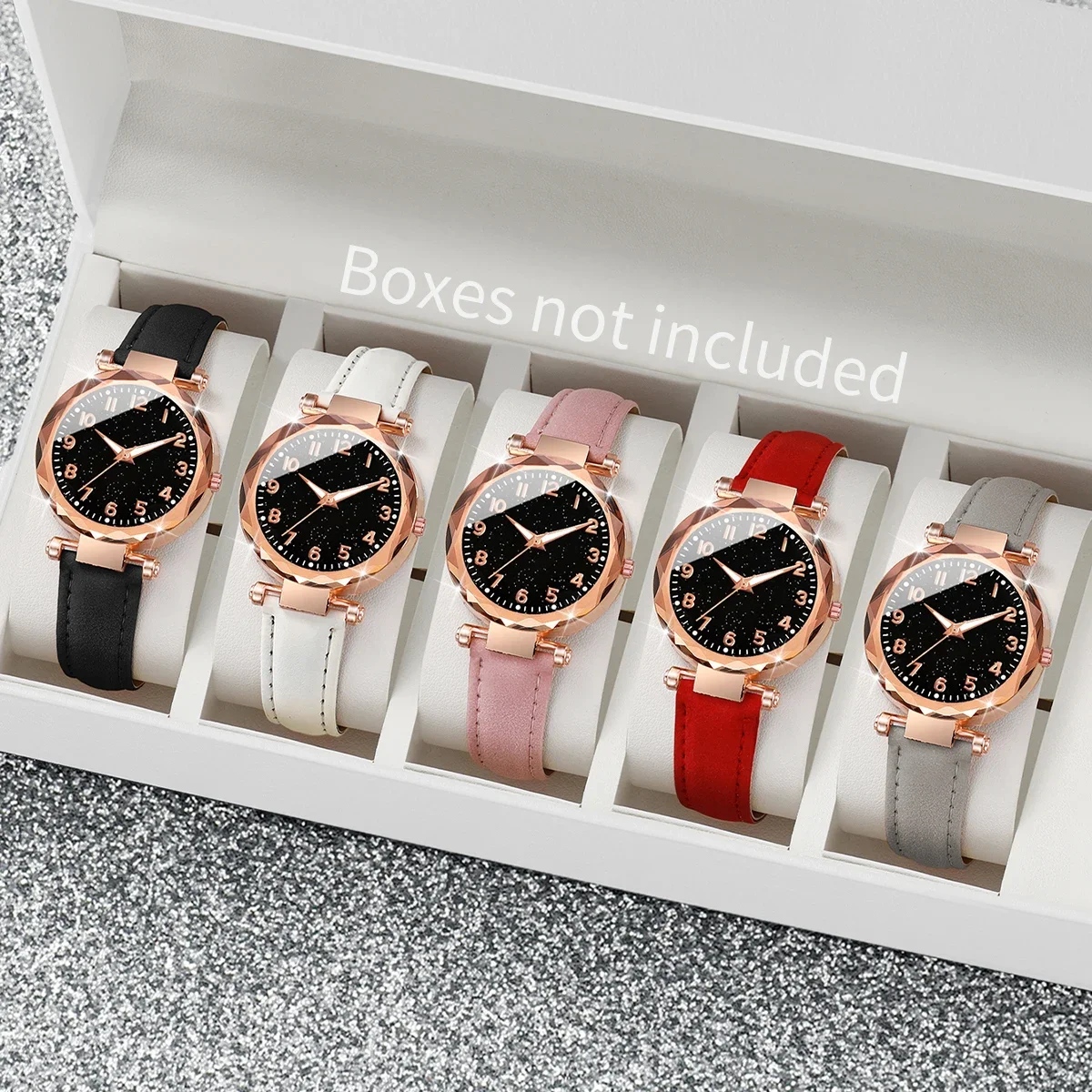 5pçs moda céu estrelado dial relógios femininos simples casual pulseira de couro mulher relógio de quartzo reloj mujer presente