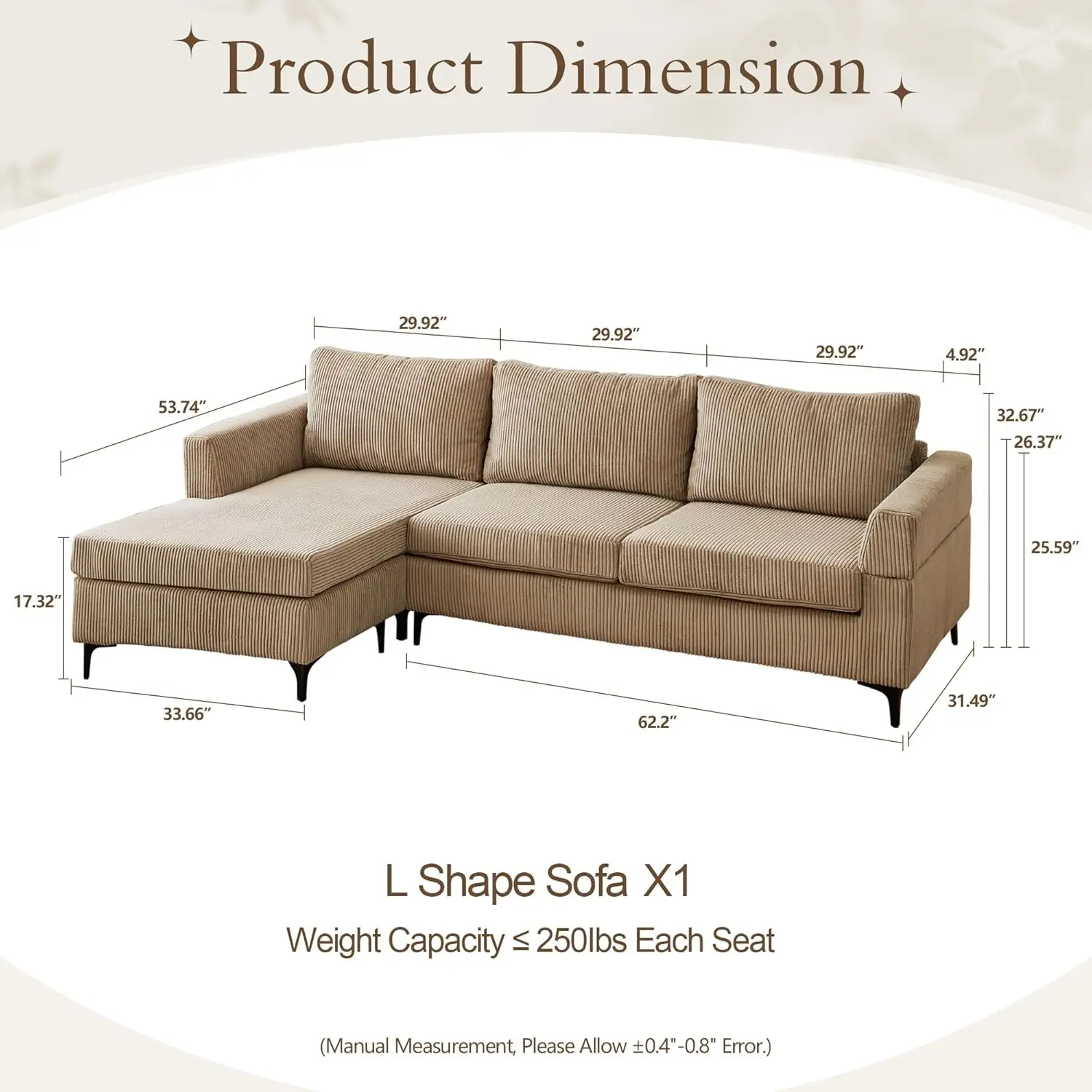 Corduroy Sectional Sofa Couches for Living Room,Camel L Shaped Sofa Couch with Reversible Chaise,Comfy 3 Seat Reversible Sofa