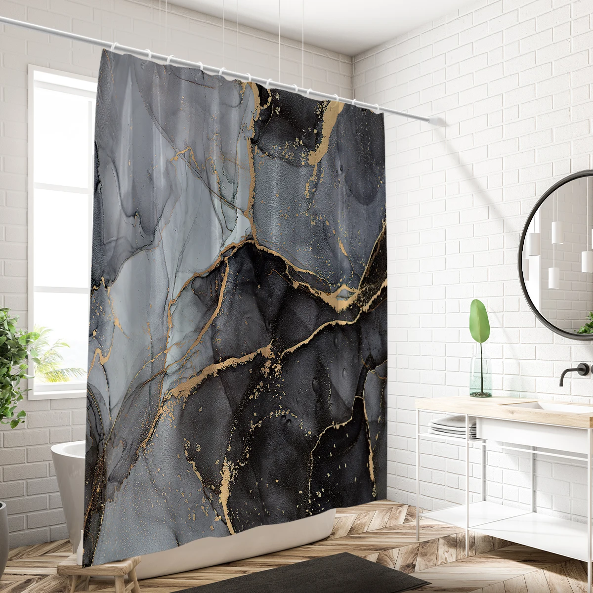 1 piece of 180x180cm black marble pattern digital printing shower curtain partition bathroom waterproof and mold resistant