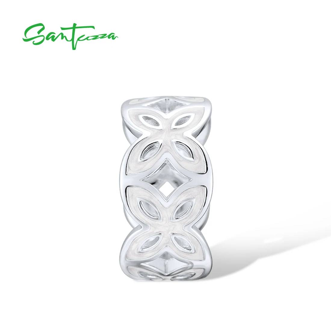 SANTUZZA Elegant Ring For Women Glamorous White Enamel Flower Hollow Rings Trendy Fashion Jewelry