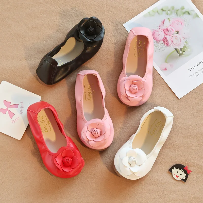 Autumn Kids shoes for girl Dancing Shoes for Children Girls leather Shoes Soft Bottom Big Flower Loafers Red White Black Pink