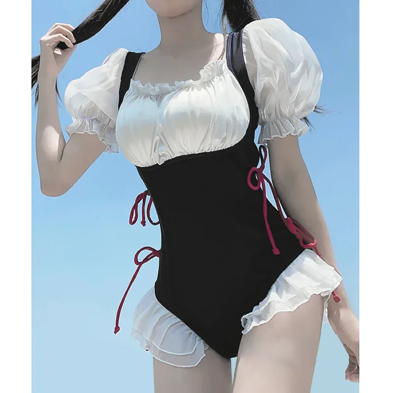 

Japanese Cute Maid Swimsuit New Fashion Conservative One-pieces Hot Spring Women Swimwear Holiday Beachwear