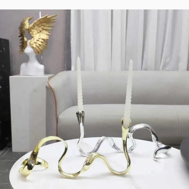 Metal Candlestick Geometric Streamer Wavy Ribbon Candelabrum Table Ornament Candle Centerpieces