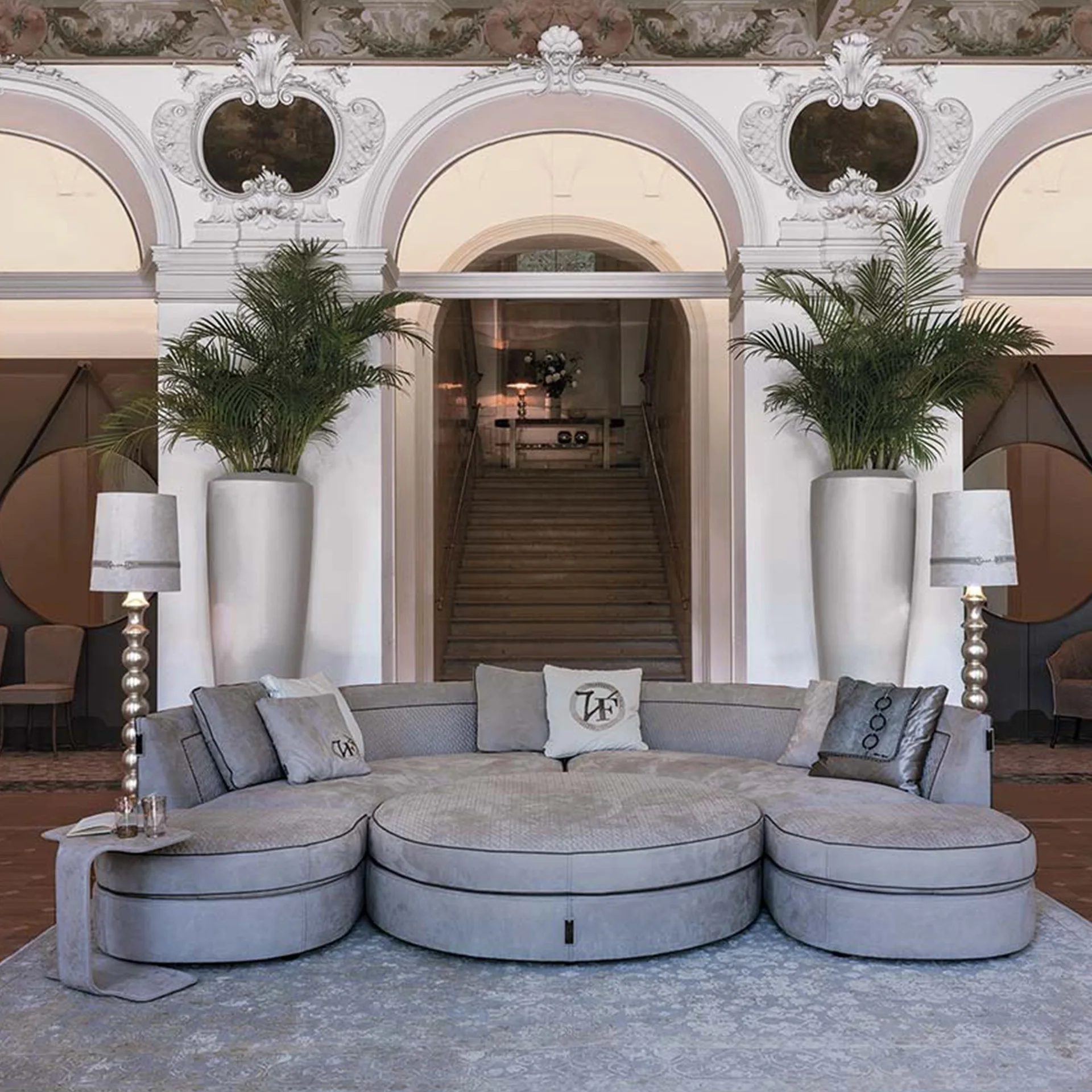 mz-Luxury Curved Modular Sofa Living Room Round Sofa Combination Change Angle Diamond Check Fabric Sofa Couch~