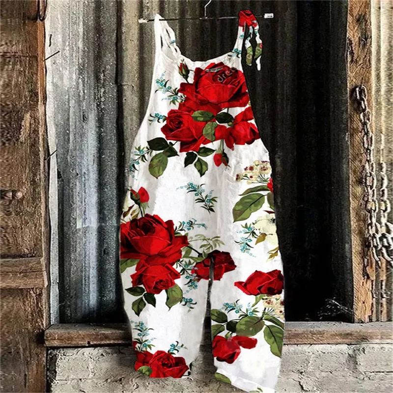 

Summer Women's Comfortable Casual Jumpsuit, Women's Long Pants, Flower Pattern 3D Printing, Plus size Jumpsuit, Cropped Pants,