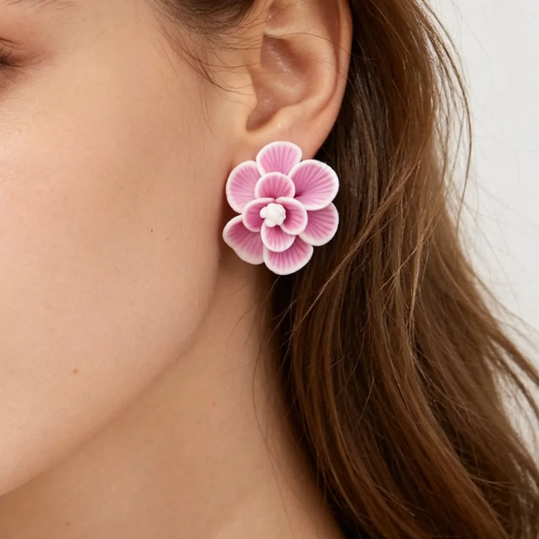 Pastel Pink Lilac Aqua Polymer Clay Flower Stud Earrings 3D Handmade Floral Motif Lightweight Women's Spring Bridal Gift Wear