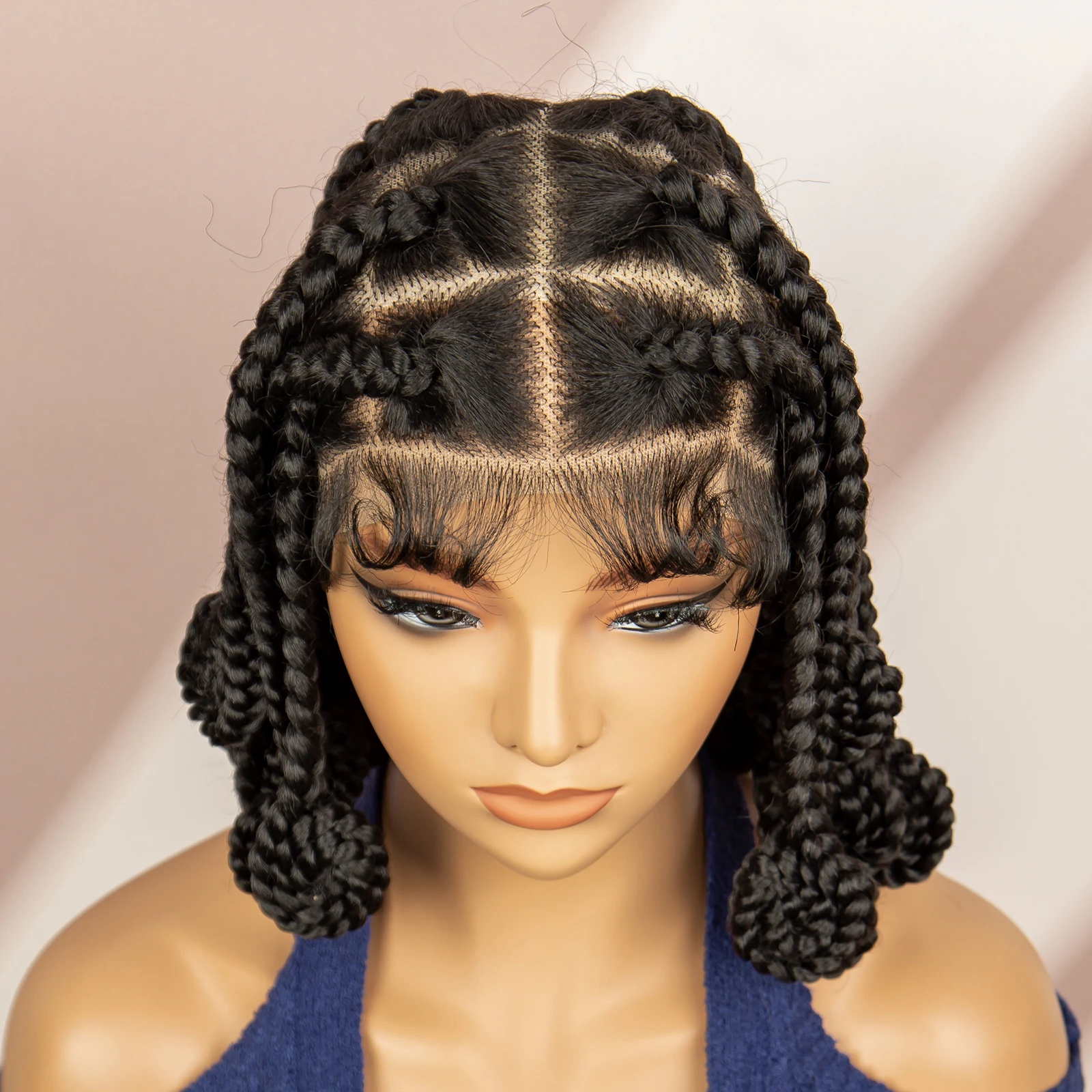 Perucas trançadas sintéticas bantu para mulheres negras, cor natural curta, cabelo trançado com cabelo de bebê, renda cheia, tranças box