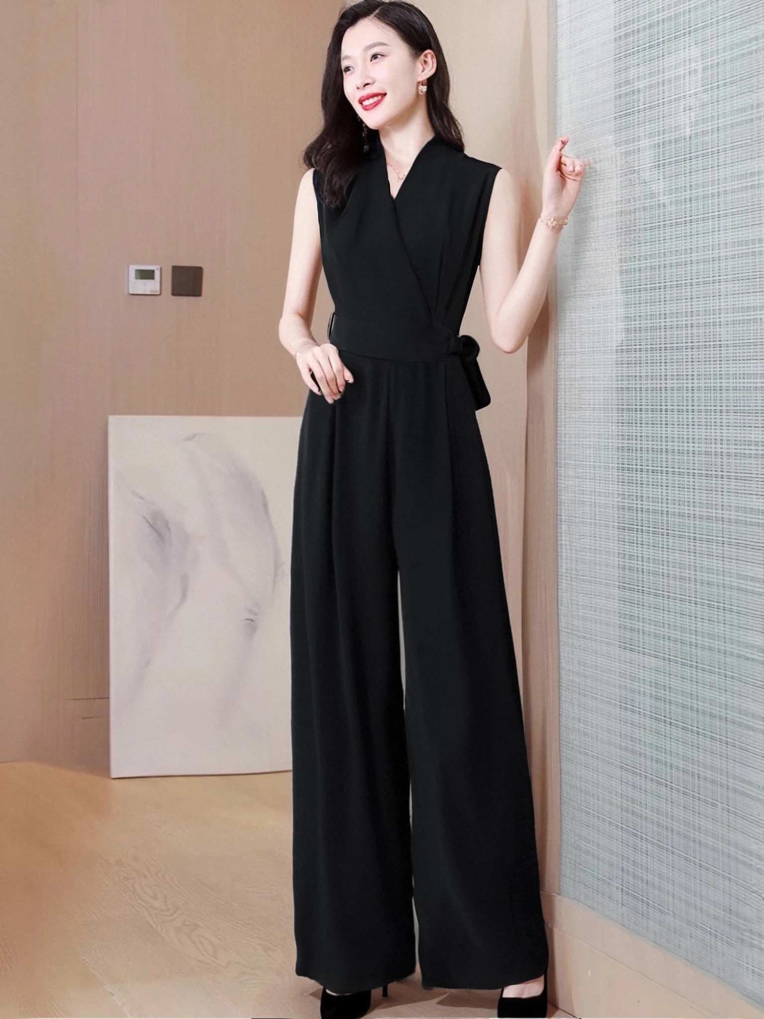 

High Waist Wide Leg Pants Slimming Drapey Loose Women's Summer Long Pants High-End Jumpsuit Polyester Fiber D738A
