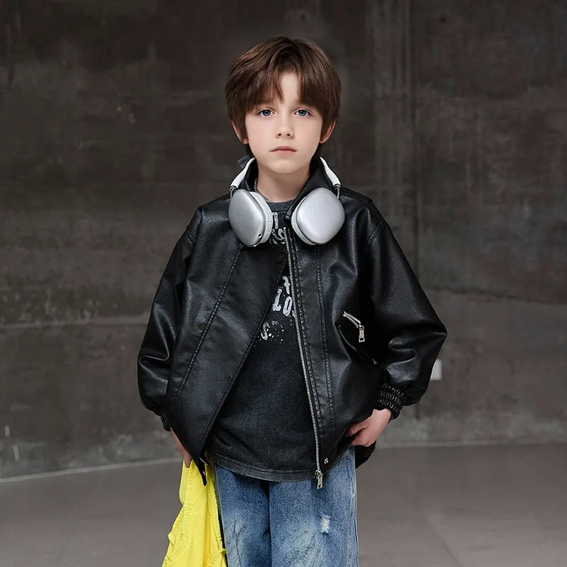 Cappotto antivento impermeabile verde scuro per ragazzi 2-12 anni Giacca in pelle Pu per moto Black Rock per bambini Abbigliamento per fotografia di strada