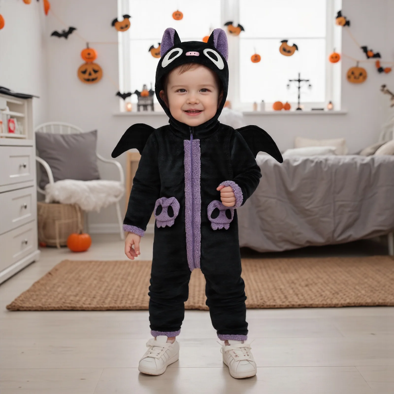 

Toddler Clothes Baby Girls Boys Black Cat Costume Fleece Long Sleeve Hooded Romper Jumpsuit Halloween Cosplay Outfits