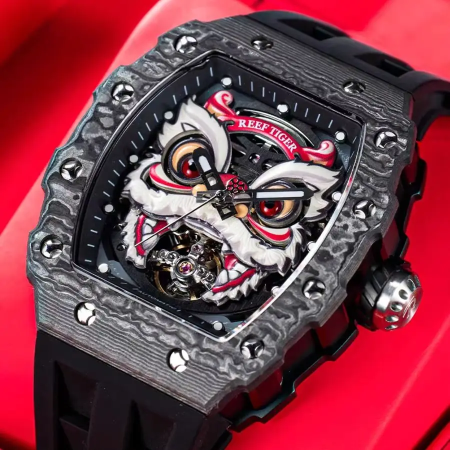 Reef Tiger Men Automatic Watch 42.2mm Tonneau Mechanical Wristwatch Sapphire Mirror Luminous Lion Dance Dial Fluororubber Strap