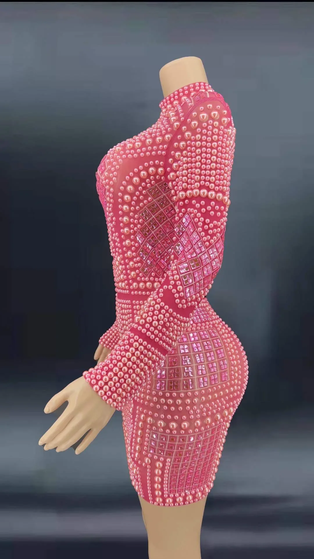 Vestido Sexy de manga larga con perlas brillantes para mujer, ropa de fiesta en club nocturno, baile de graduación, escenario, traje de concierto, Rosa