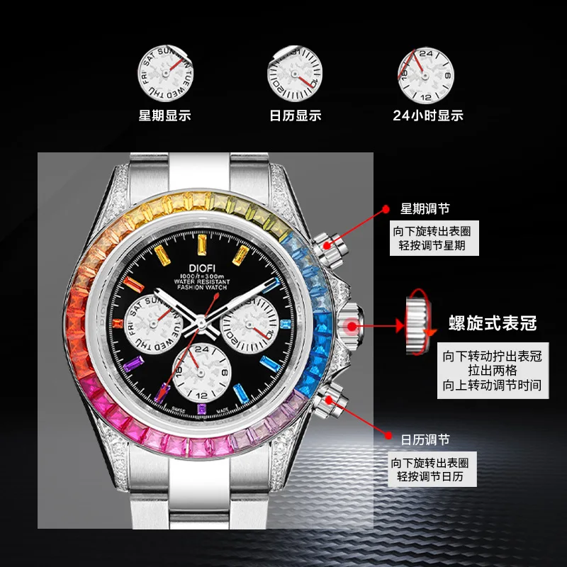 【Large Quantity and Excellent Price】Daytona Watch Inlaid Gem Waterproof Automatic Mechanical Watch Couple Men's Fine Ste