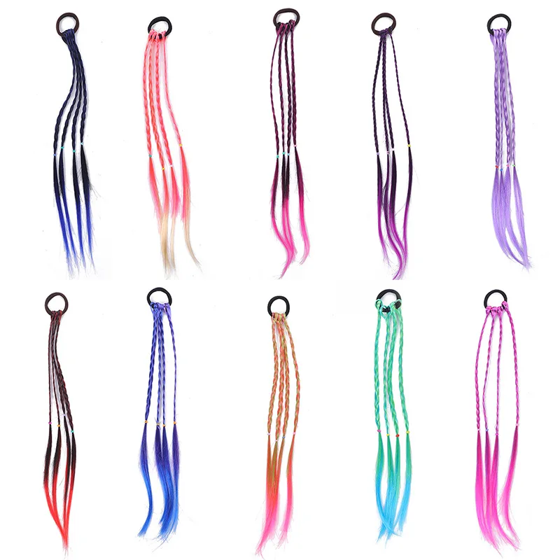 Colorful braided hair extensions ponytails braids gradient rainbow wigs suitable for girls' daily party styling hair accessories
