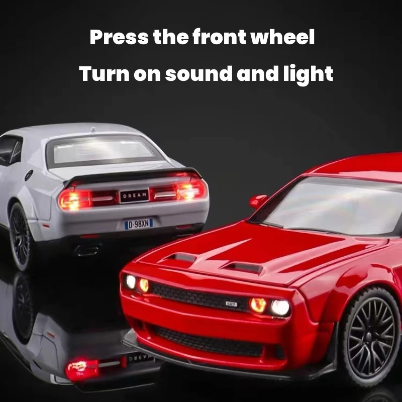 1:24 Dodge Challenger Hellcat SRT Alloy Miniature Car Diecast Metal Scale Car Model Toy Sound＆Light Childrens Toy Vehicles Gifts