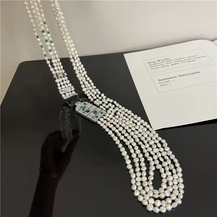 Jewelry Natural Pearl 32''-35'' 4 Strands Natural White baroque Pearl With CZ Connector  Necklace For Women