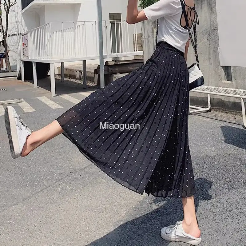 

Women's Spring Summer Solid Polka Dot Shirring Wide Leg Casual Loose Elastic High Waisted Sports Trousers Office Lady Pants 2025