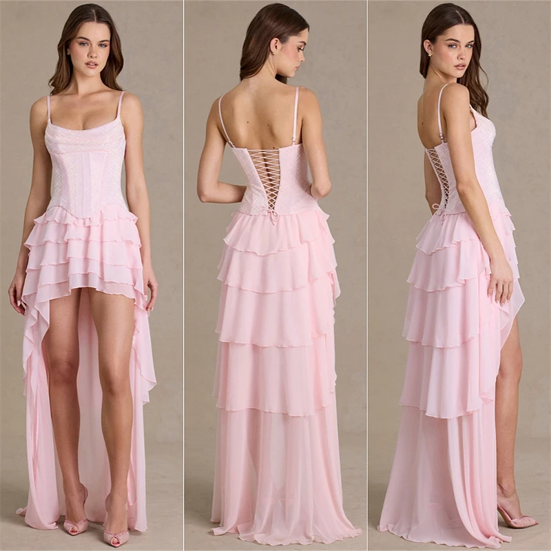 

Elegant Spaghetti Strap Corset Prom Dress High Low Ruffle Chiffon Women Formal Evening Gown Bridesmaid Wedding Guest Party Dress