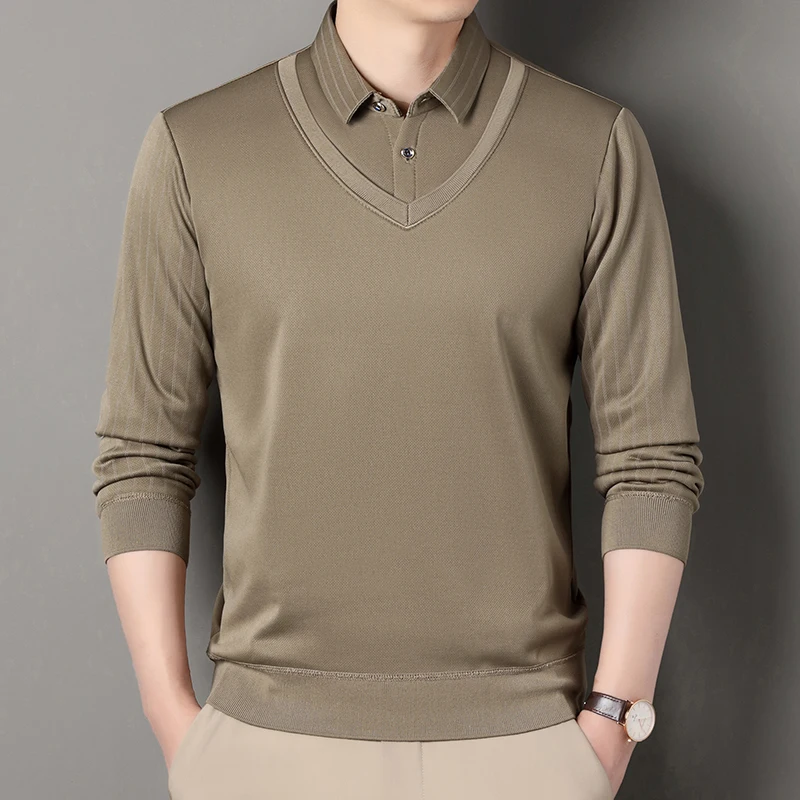 Otoño Invierno, suéter de punto falso de dos piezas para hombres, jerseys de punto con cuello de camisa a la moda, prendas de punto de lana ajustadas informales inteligentes para hombres