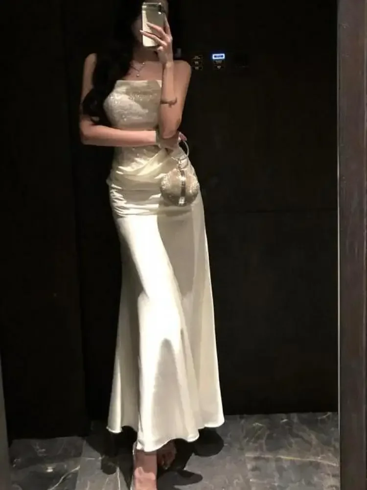 

Spaghetti Strap Sequined Sleeveless Long Dress Women Spring Summer French Temperment Elegant Festival Evening Party Dress Gowns