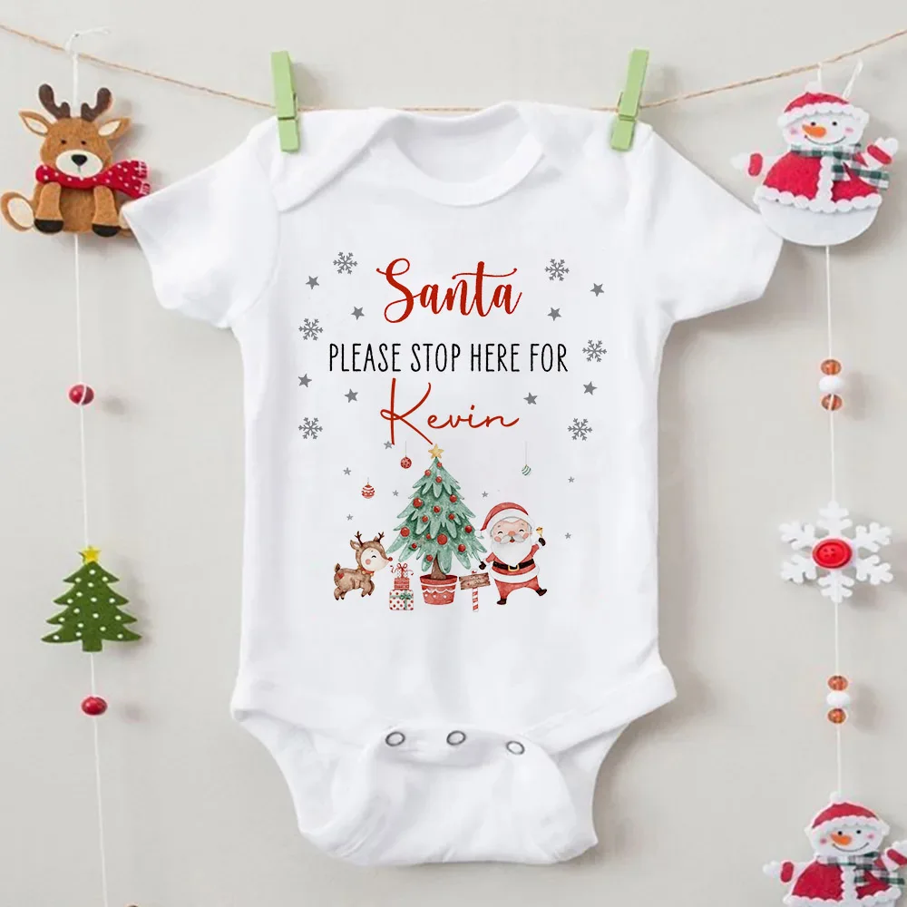 Personalize Baby Bodysuit Santa Please Stop Here for Baby Christmas Newborn Clothes Toddler Bodysuit Infant Short Sleeve Romper