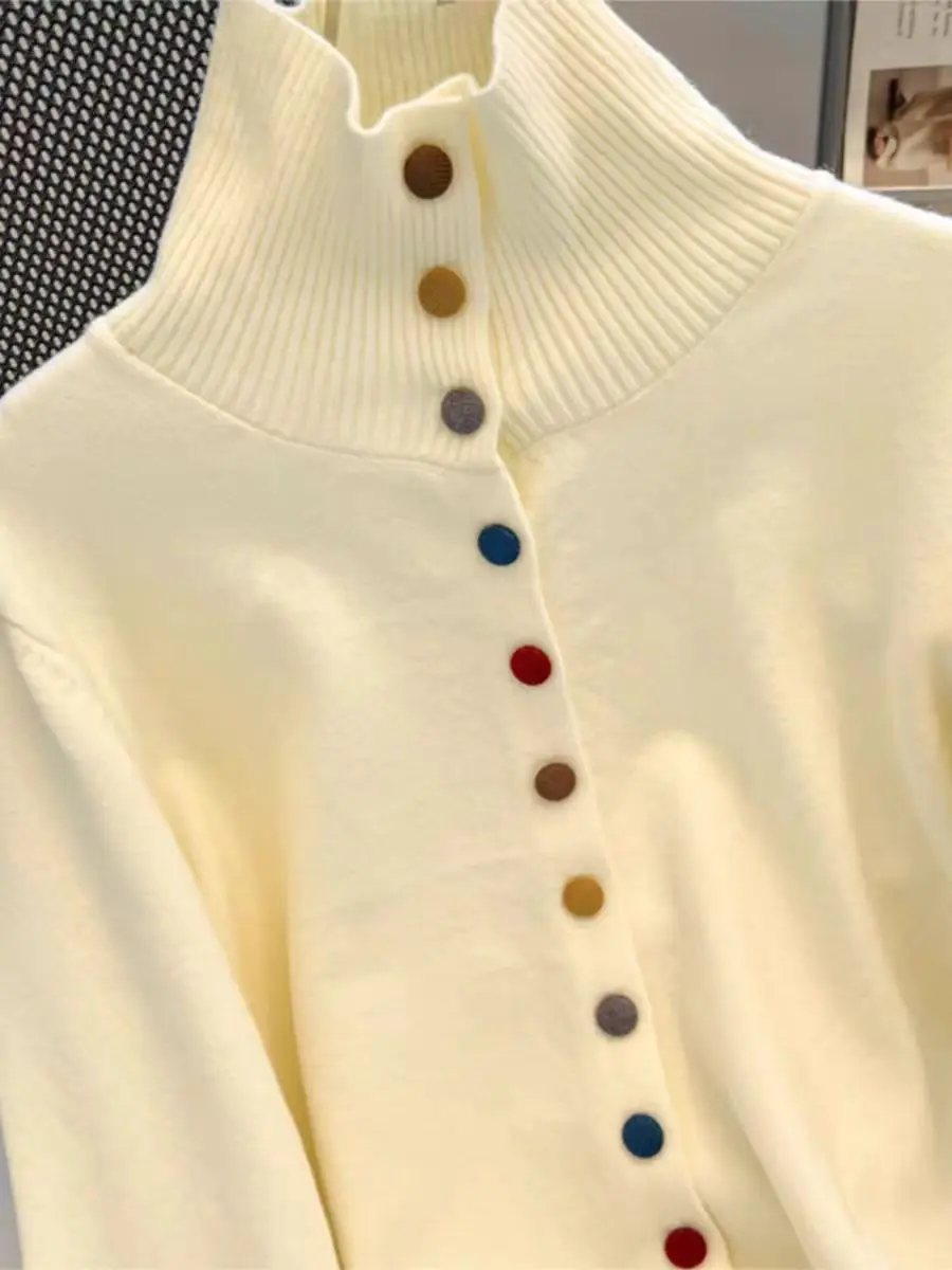 Faionable High Collar Knitted Sweater Women's Loose Fit Autumn 2025 Color Button Design Versatile Outerwear for Ladies