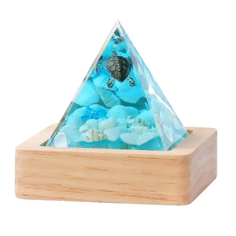 Crystal Energy Pyramid Ornament LED Wood Display Base Resin Pyramid Art Illuminated Pyramid Lamp Holder Sea Theme Inspirational