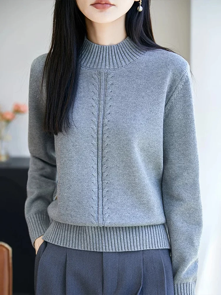 Women's Knitted Sweater Half High Collar Twist Pure Cotton Warmth Slimming Autumn Winter New Style Casual Comfortable Long Sl...
