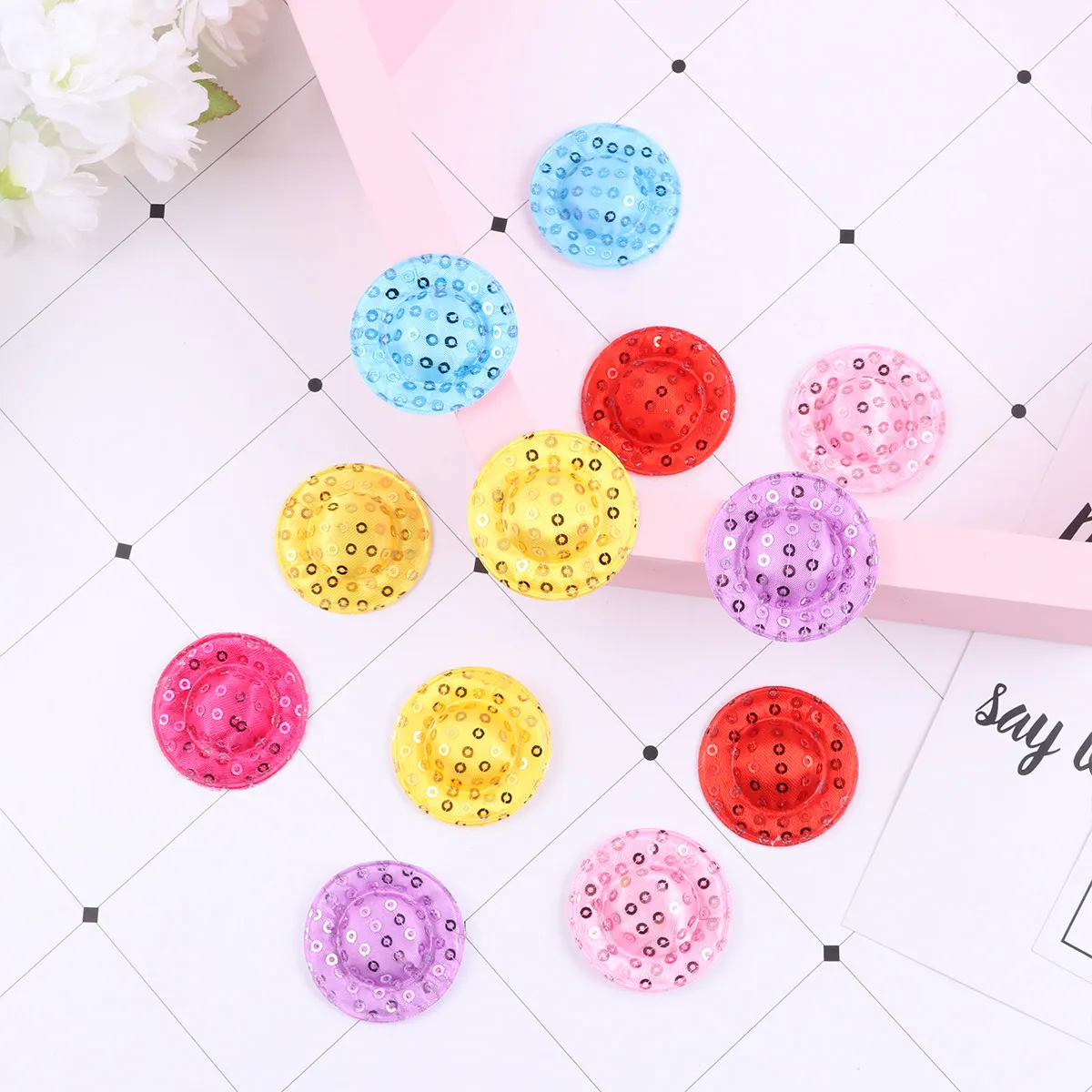 

24Pcs Mini Sequin Hats for DIY Handcraft Party Decoration 7 Bright Colors Wide Brim Caps for Puppets Hat Mini Cap