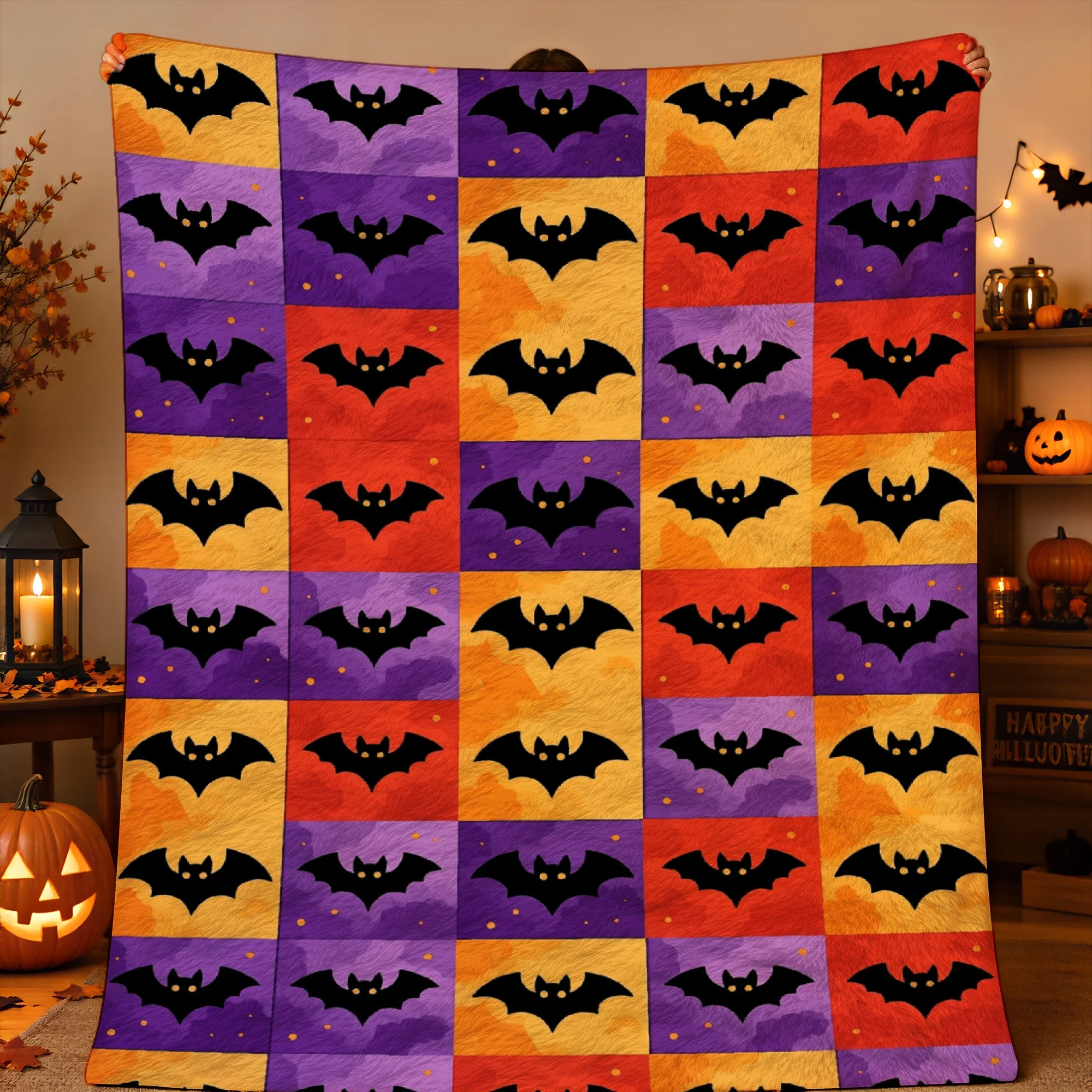 1pc 2D Printed Halloween Bat Pattern Throw Blanket with Purple, Orange, Red Squares & Black Silhouettes. Warm, Soft for Sofa, Be