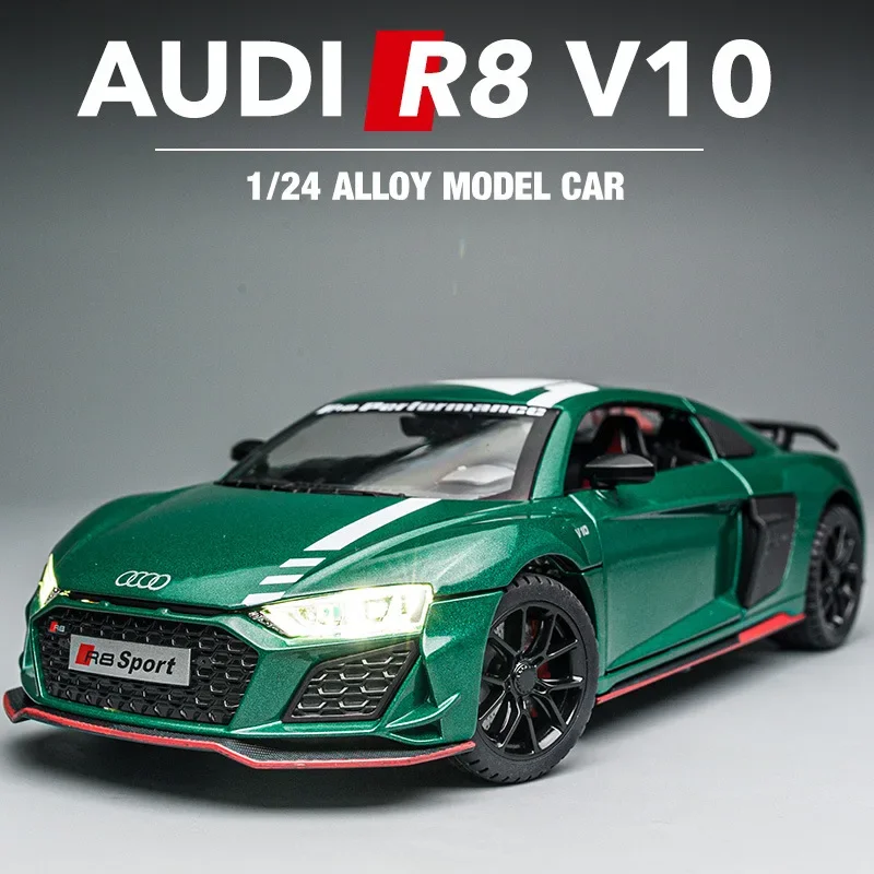 1:24 Audi R8 V10  Sports Car Model Diecast Metal Toy Sound and Light Children\'s Toys Collectible Ornament Gift for Children C163