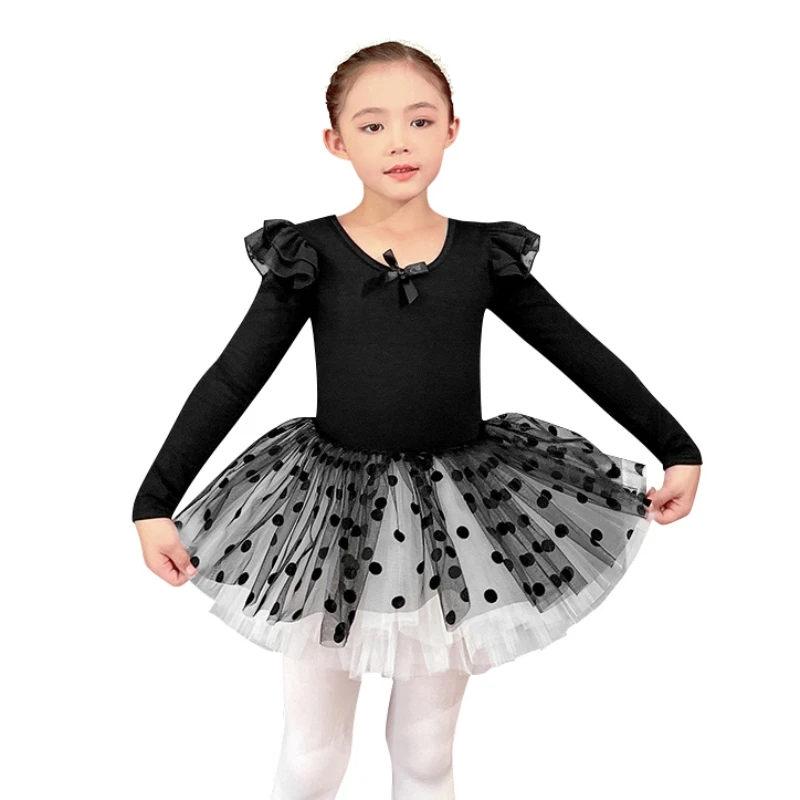 Girls' Long Sleeve Ballet Dancewear 2Pcs Suit Round Neck Backless Bow Decor Leotards With Dot Tutu Skirt Gymnastics Bodysuit Set