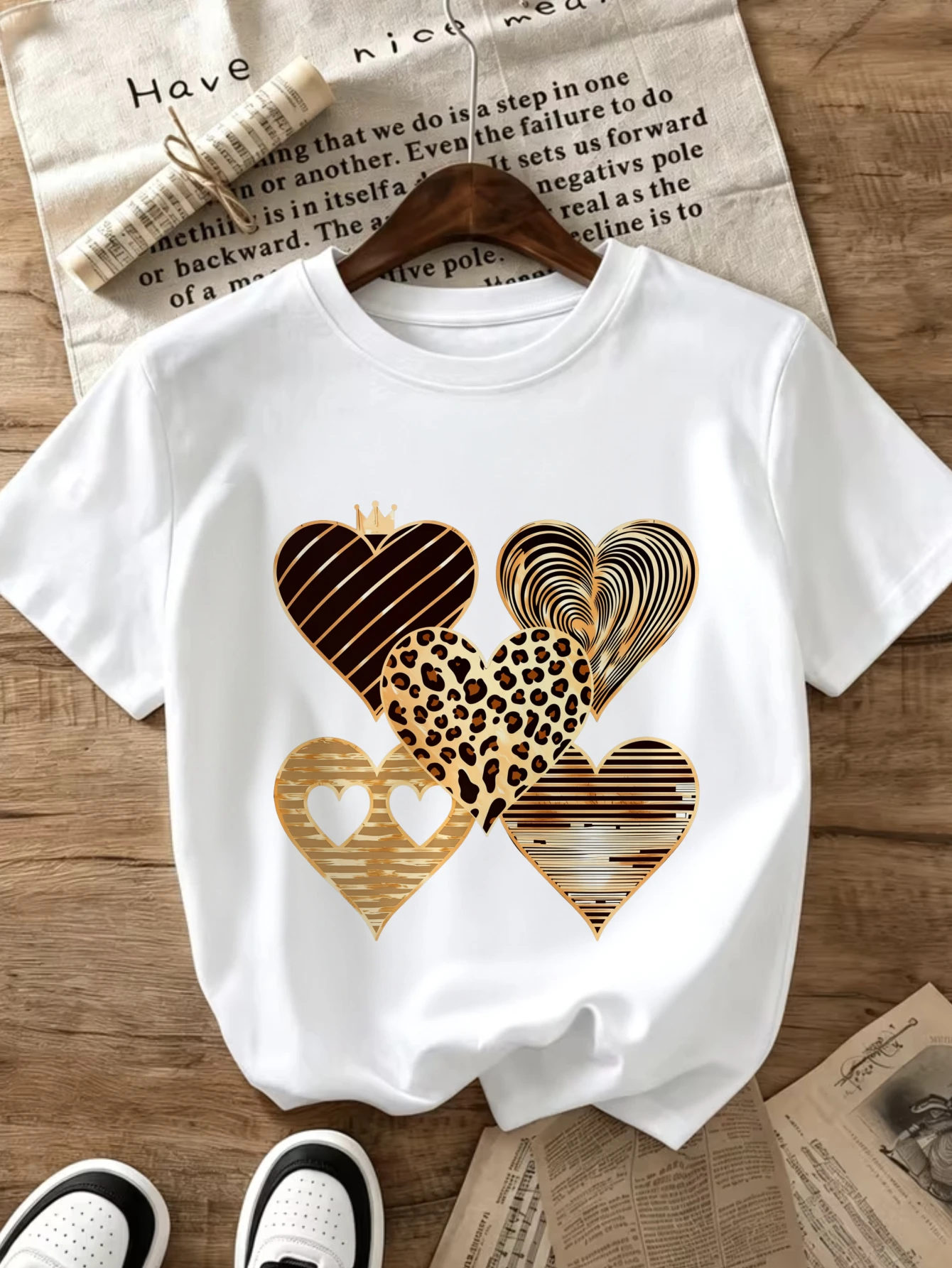 Vintage Tee, Women'S Round Neck T-Shirt, Spring Summer Fall Casual Suitable for Travel, Golden Leopard Print Heart Pattern, A Stylish And Casual Choice, Attitude T-Shirt, Local Delivery