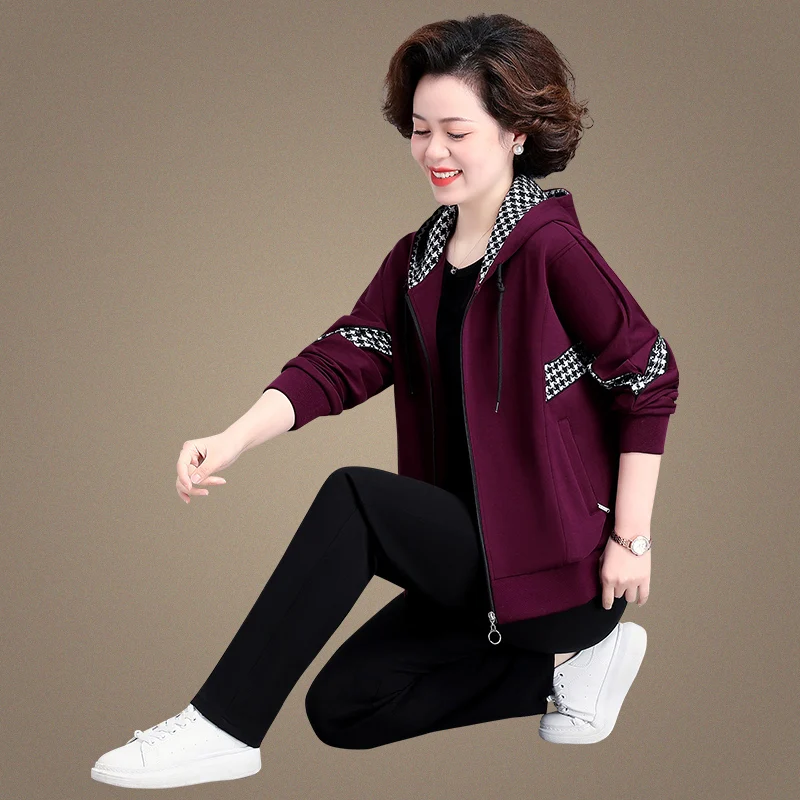 

Весенний повседневный спортивный костюм для женщин среднего возраста, большие размеры, новый комплект из двух предметов, хлопок, на молнии