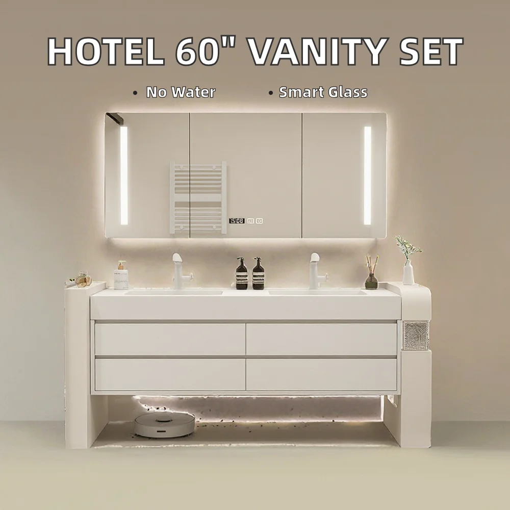 xx-Luxury 60-Inch Waterproof Ceramic Basin Bathroom Vanity with Smart Mirror and Copper Drainer Wall-Mounted Modern Design&