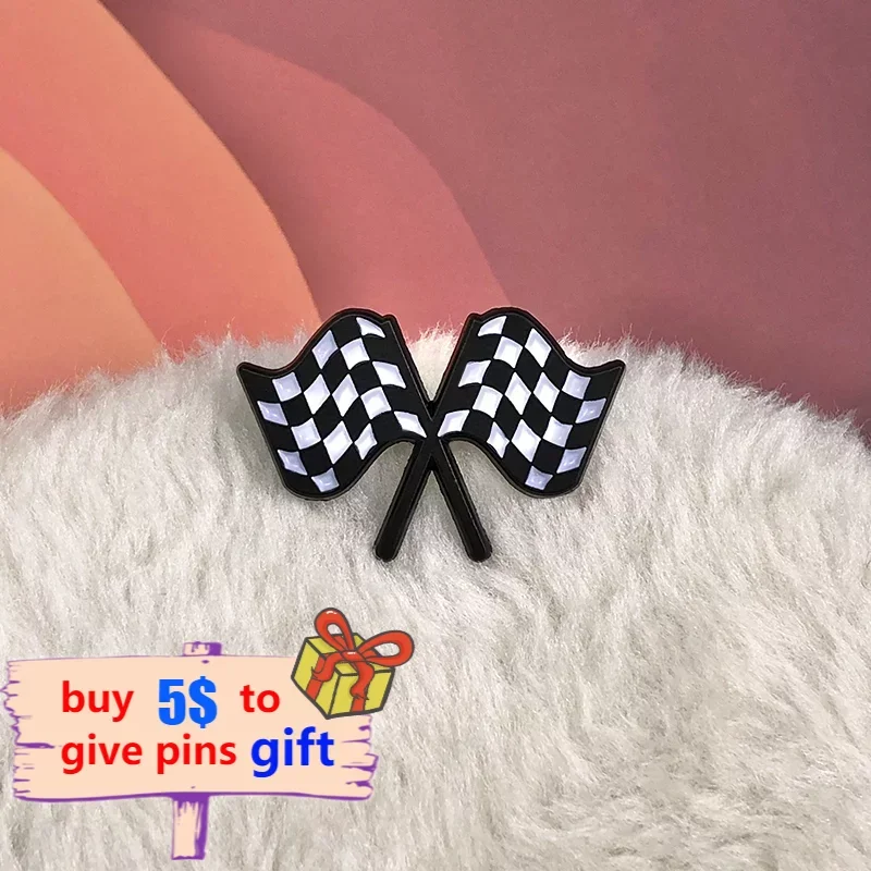 Checkerboard Chequered Flag Enamel Pins Motor Racing Black White Flag Brooches Lapel Badges Funny Pins Jewelry for Backpack Hat