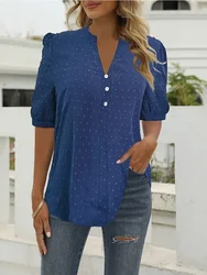 Plus Size Solid Color Swiss Polka Dot Hollow Collar Decoration Top Casual Fashion Versatile Shirt Commuting Elegant Top