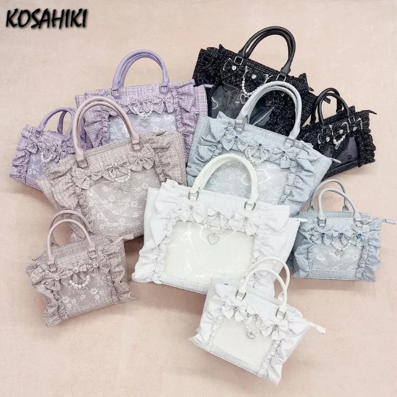 Sweet Y2k Aesthetic Transparent Bow Ita Bag Casual Chic Ruffle Fashion Women's Handbags All Match Kawaii Shoulder Crossbody Bags