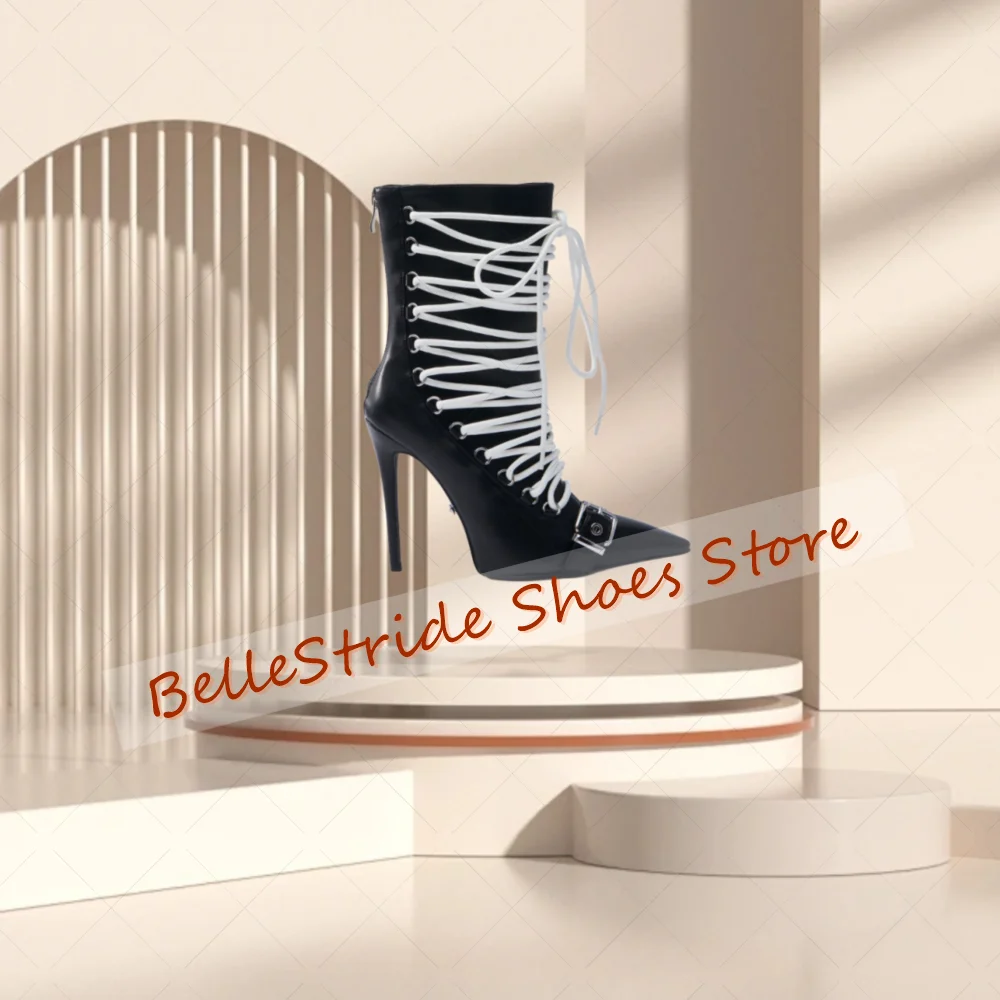 Black Back Zipper Lace up Boots Matte Leather Women Shoes Stilettos High Heels Party Banquet Dating 2025 Zapatos Para Mujere