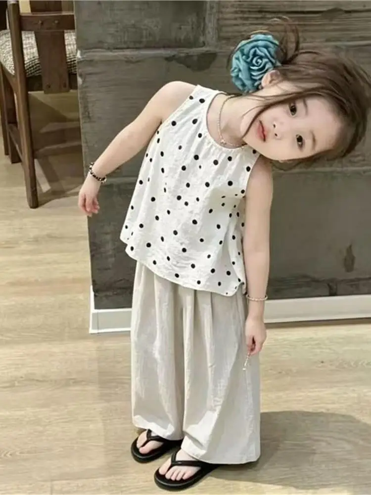 女の子のための夏服水玉模様のトップスルーズワイドレッグパンツ2点セットカジュアルスタイル子供用おしゃれ服セット