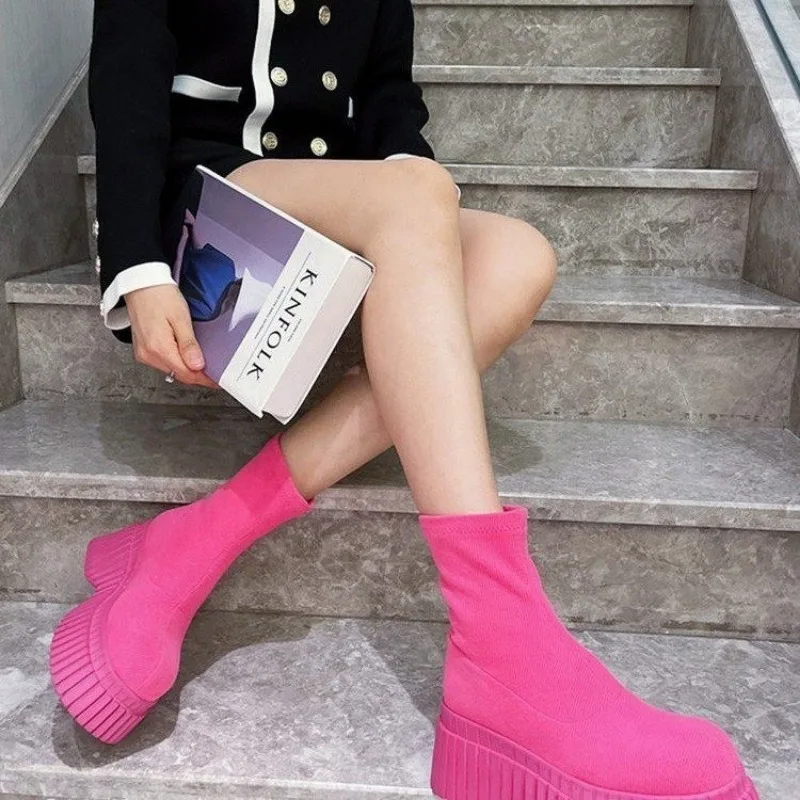 Autumn Winter Women Shoes 2024 New Platform Boots Comfortable Wedge Ladies Knee Boots Breathable Casual Pink Long