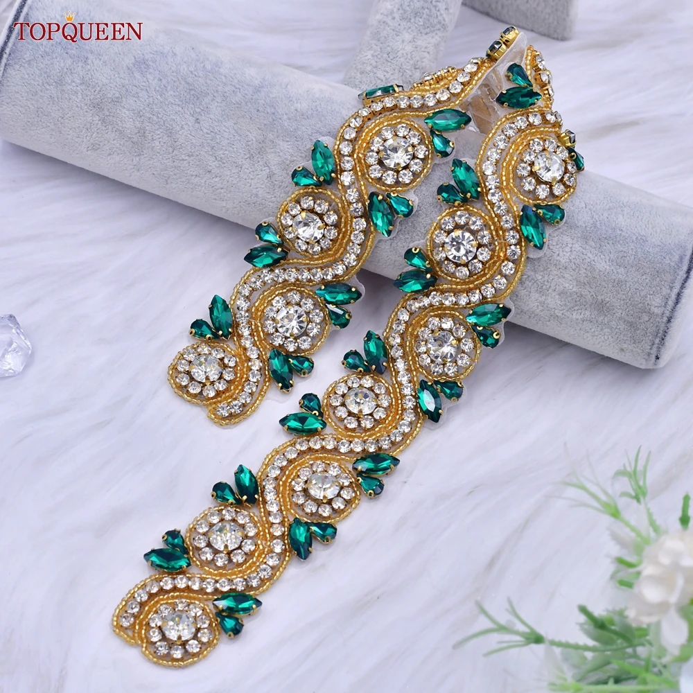 TOPQUEEN S164 Luxury Bridal Belt Moroccan Caftan for Women Green Rhinestones Diamond Wedding Party Dress Gown Female Bride Sash