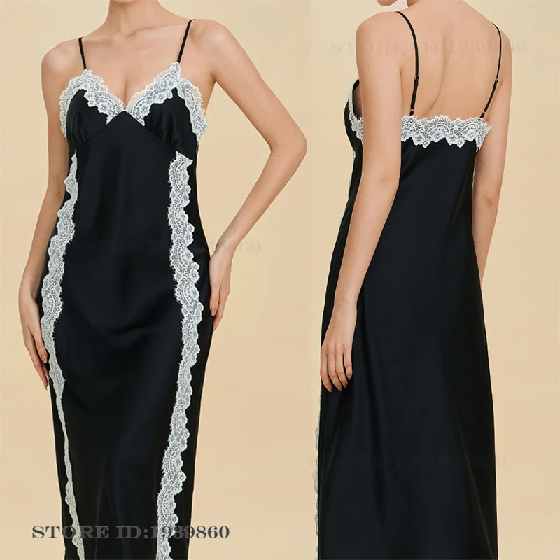 

Sexy Patchwork Lace Suspender Nightgown Women Chemise Sleepwear Elegant Silky Satin Long Nightdress Lingerie Summer New Homewear