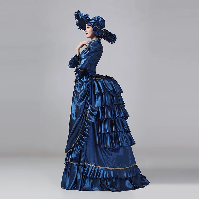 blue victorian dress costume Premiere High Class Dark Blue Colonial Dress with Front Corset Adult C –  AbracadabraNYC main image 0