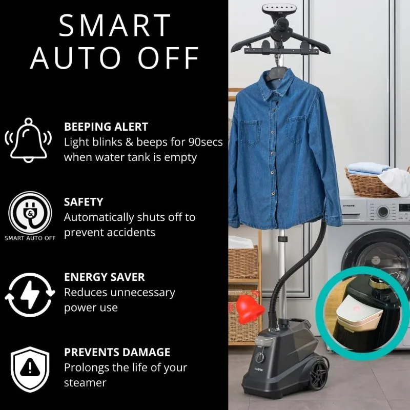 حقيقي ومرتب ®   مكواة بخار للملابس الصناعية شديدة التحمل، 1800 واط، خزان مياه 3 لتر (أسود غير لامع، إيقاف تلقائي ذكي)
