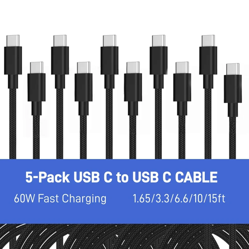 CYANMI-Type C Fast Charging Cable, 1.6ft 3.3ft 6.6ft 10ft 15ft, 5-Packs Type C Cable for iPhone 17, 16, 15
