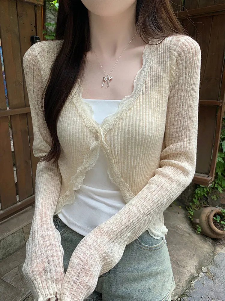 Lace lace V-neck sun resistant knitted cardigan for women in summer, Korean style thin cut