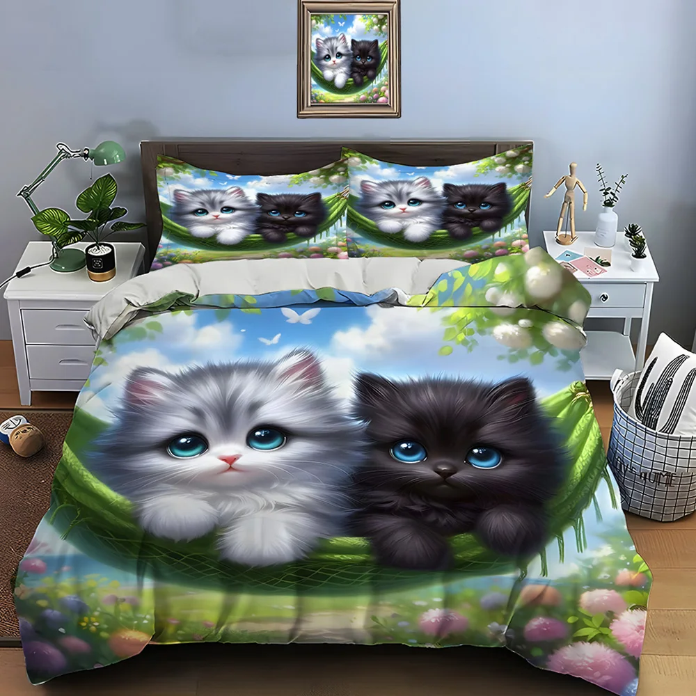 Cute kittens in hammock cartoon Bedding Set for Kids Luxury Gift 3pcs Digital Print Comforter Set Soft Comfortable Breathable