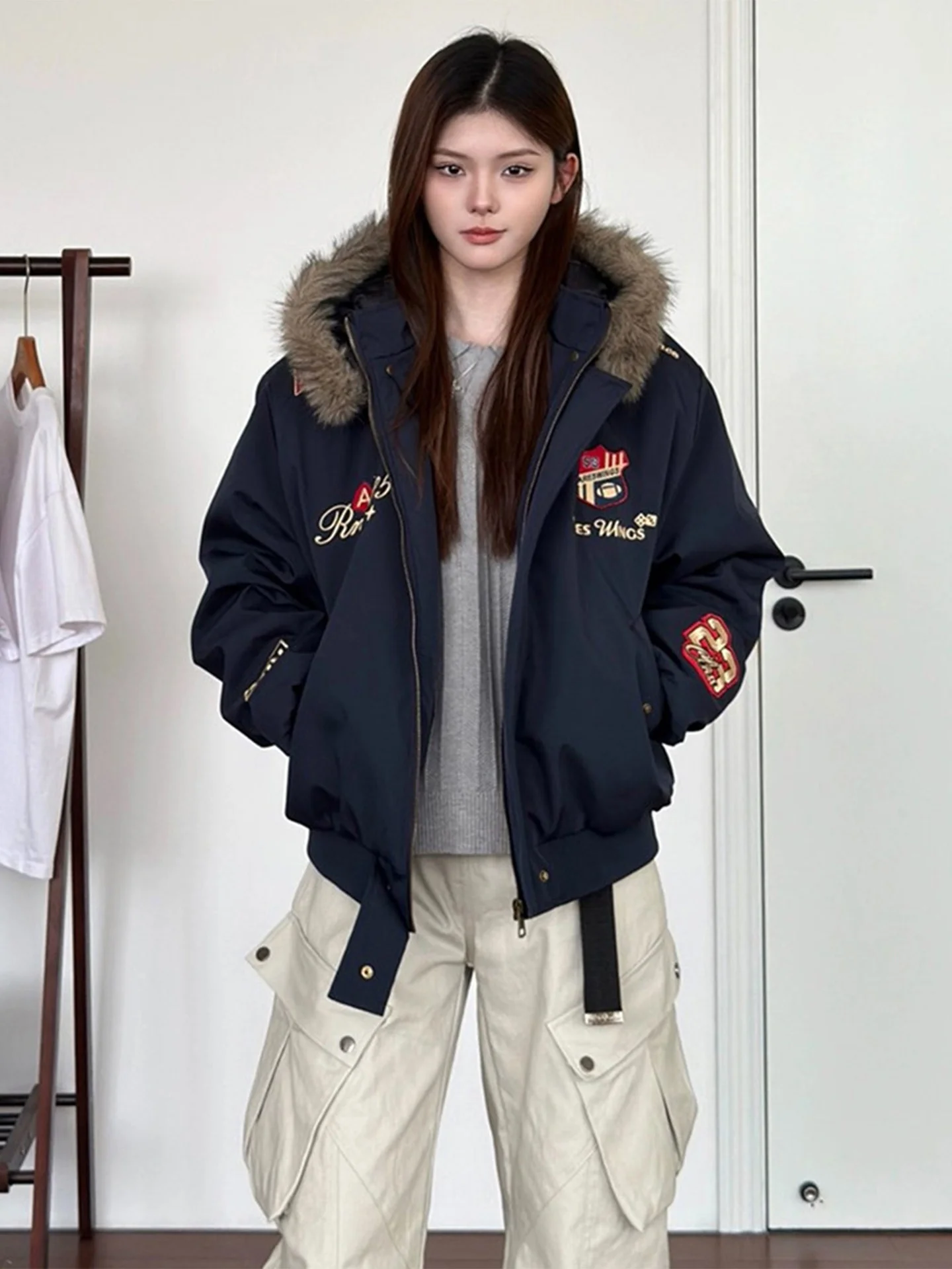 Giacca Invernale da Uomo in Cotone, Calda e Spessa, con Collo in Pelliccia Rimovibile, Ricamata, alla Moda per Giovani